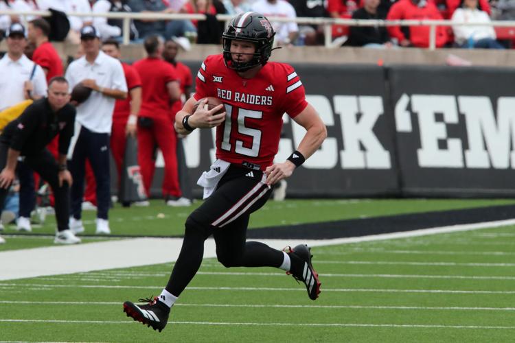 Sep 6, 2025; Lubbock, Texas, USA;  Texas Tech Red Raiders quarterback Will Hammond (15) rushes against the Kent State Golden Flashes in the second half at Jones AT&T Stadium. Mandatory Credit: Michael C. Johnson-Imagn Images