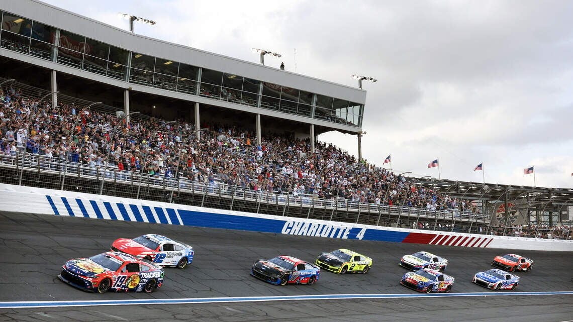 A portion of the field races at the Coca Cola 600 at turn four at Charlotte Motor Speedway Sunday, May 24, 2026.