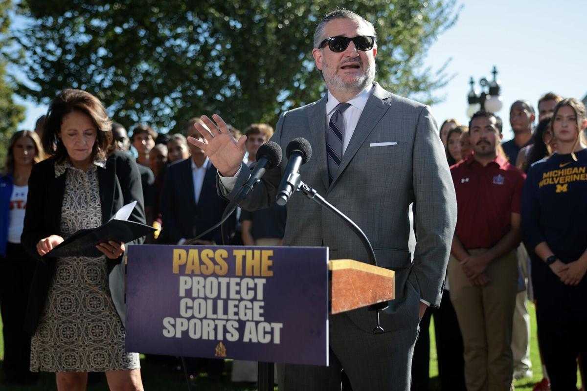 Maria Cantwell, left, hold a news conference with NCAA athletes and coaches about the Protect College Sports Act on Monday, Sept. 14, 2026, in Washington, D.C..