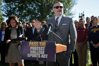 Maria Cantwell, left, hold a news conference with NCAA athletes and coaches about the Protect College Sports Act on Monday, Sept. 14, 2026, in Washington, D.C..