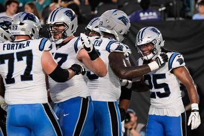 Carolina Panthers running back Jonathon Brooks (25) celebrates his first quarter touchdown at EverBank Stadium in the second preseason game on Friday night, August 21, 2026 in Jacksonville, Fla. [Doug Engle/Florida Times-Union]