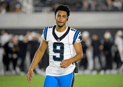 Aug 21, 2026; Jacksonville, Florida, USA;  Carolina Panthers quarterback Bryce Young (9) during the third quarter of the preseason game against the Jacksonville Jaguars at EverBank Stadium.  Mandatory Credit: Melina Myers-Imagn Images