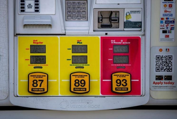Fuel grades and prices are shown on a gas pump at the Shell station along Hendersonville Road on May 12, 2026, in Arden.