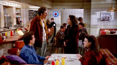 Seinfeld, "The Stall," Jerry Seinfeld, Michael Richards, Jami Gertz and Julia Louis-Dreyfus.