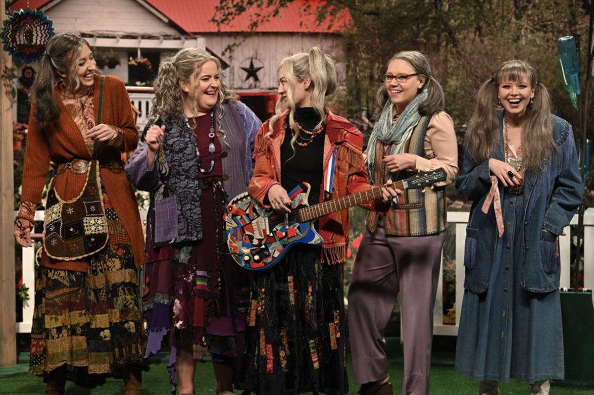 From left, Heidi Gardner, Aidy Bryant, Michelle Zauner of musical guest Japanese Breakfast, Kate McKinnon and host Natasha Lyonne during the Women’ s Commercial sketch on " Saturday Night Live," May 21, 2022.