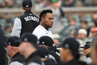 Detroit Tigers starting pitcher Framber Valdez walks down the dugout steps after being pulled from the game against the Boston Red Sox in the fourth inning at Comerica Park on May 5, 2026.