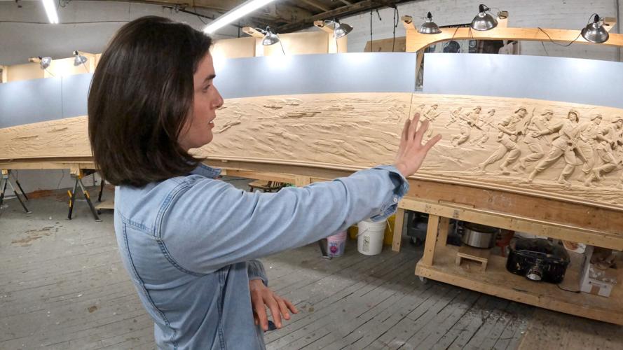 Emily Bedard, art director and lead scupltor for Foster Reeve, and artist behind the Desert Shield and Desert Storm Memorial, with her original clay creation of the memorial in her studio at the Garnerville Arts Center April 2, 2026.
