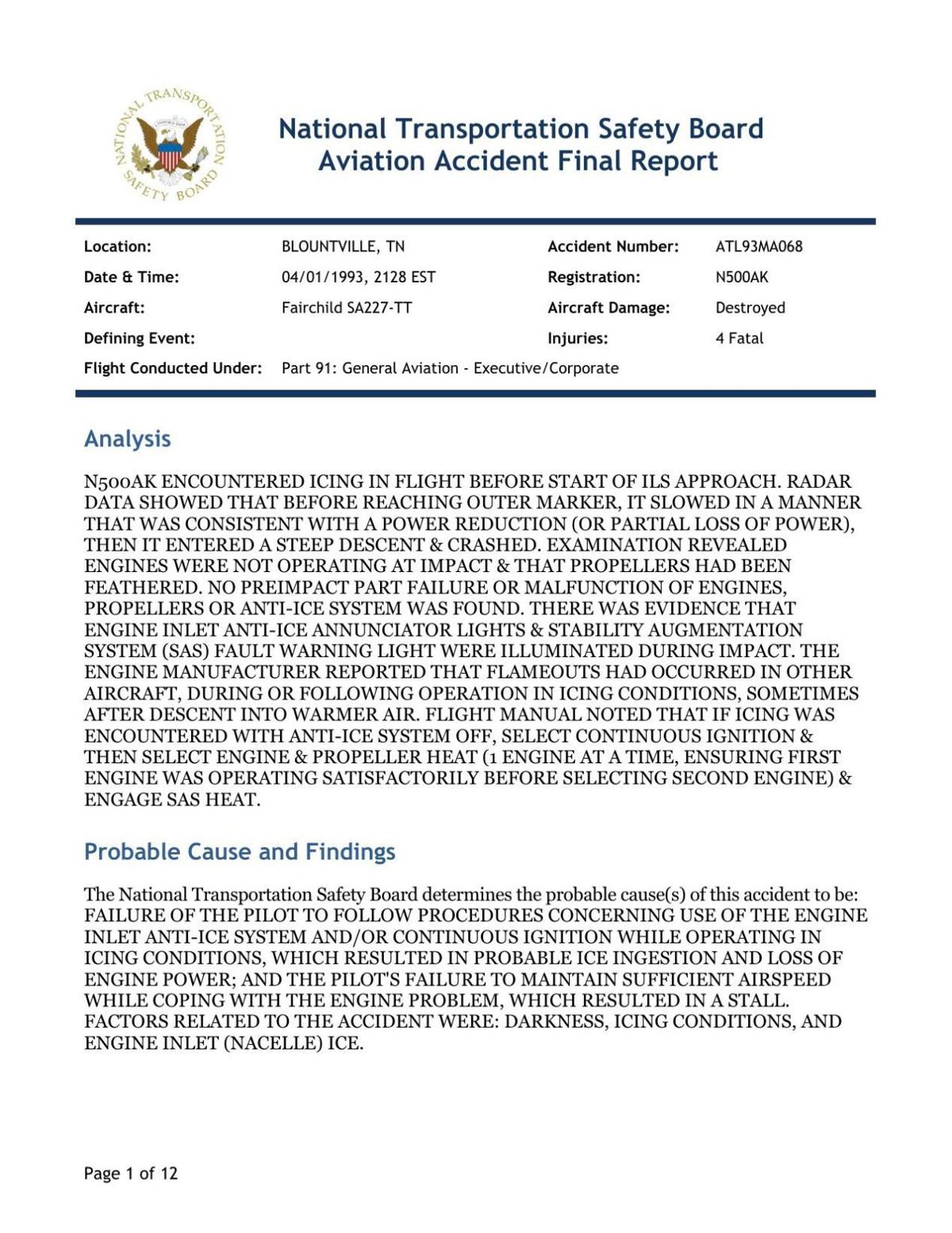 NTSB Kulwicki crash report