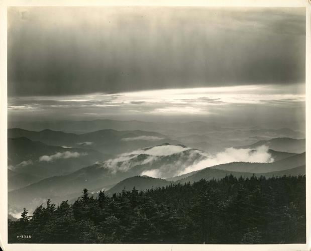 A George Masa photograph of a sunset as viewed from Mount Mitchell northeast of Asheville, NC.