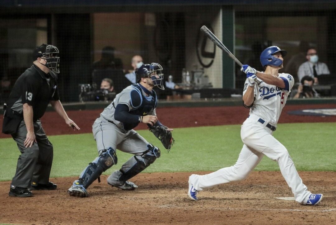 Corey Seager of the Los Angeles Dodgers smiles on the field during