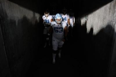 Oct 17, 2025; Berkeley, California, USA; North Carolina Tar Heels offensive lineman Christo Kelly (53) takes the field before the game against the California Golden Bears at California Memorial Stadium. Mandatory Credit: Eakin Howard-Imagn Images