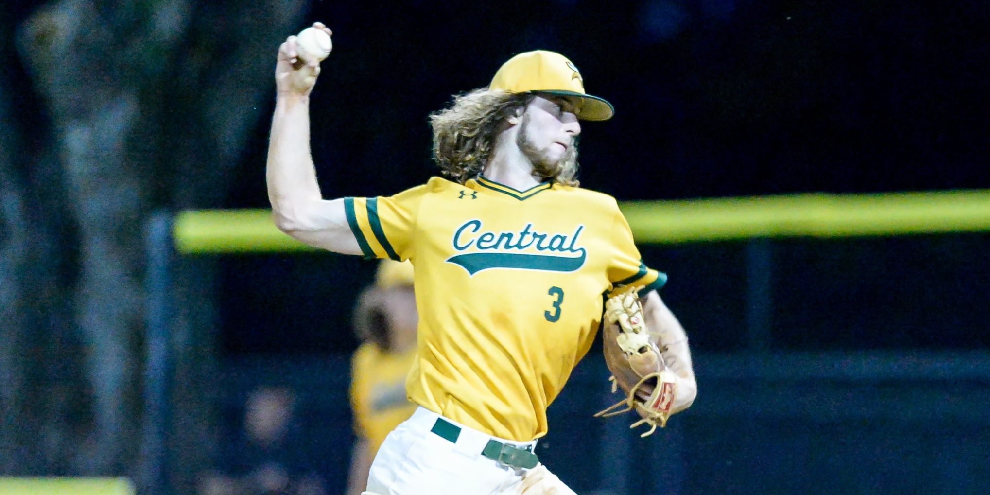During Tuesday night baseball action, at Central Cabarrus High school,, Harrisburg,, North Carolina,, Central Cabarrus had a neutral tournament game against Concord. Evan McGee (3) throwing from the stretch. Concord holds off a late rally to win 4-3.