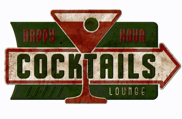 Vintage Cocktail Lounge Sign Happy Hour Cocktails Tin Metal Antique Bar Grill Martini Party.