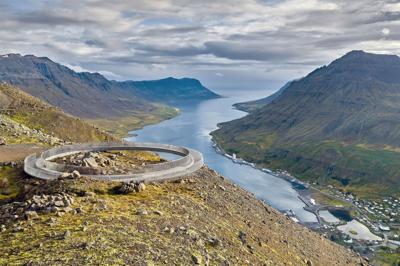You can take in the Icelandic panorama from the continuous bench on the new‘ Baugur Bjólfs’ viewing platform.