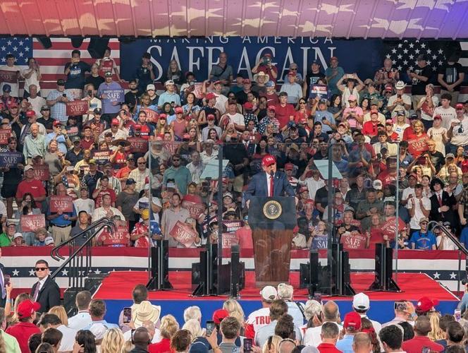 President Donald Trump speaks at a rally for U.S. Senate candidate Michael Whatley at Gaston Municipal Airport on Wednesday, Sept. 16, 2026.