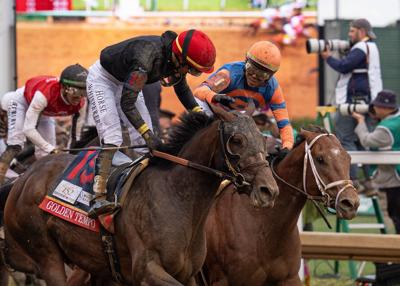 May 2, 2026; Louisville, KY, USA; Golden Tempo jockey Jose Ortiz, left, is congratulated by his brother, Irad Ortiz Jr., after the 152nd running of the Kentucky Derby at Churchill Downs. Mandatory Credit: Jeff Faughender/USA TODAY NETWORK via Imagn Images
