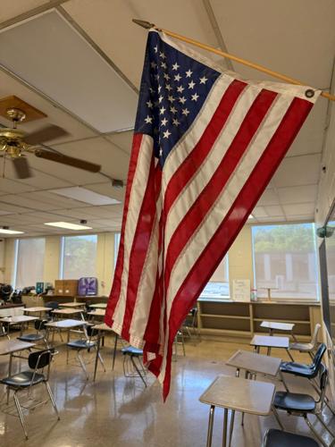 The American flag hangs in a Lancaster High School classroom on May 13, 2026.