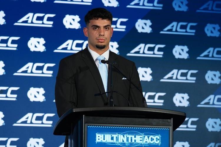 Jul 17, 2026; Charlotte, NC, USA; North Carolina defensive lineman Melkart  Abou Jaoude, talks with the media during interviews at Hilton Charlotte Uptown. Mandatory Credit: Jim Dedmon-Imagn Images