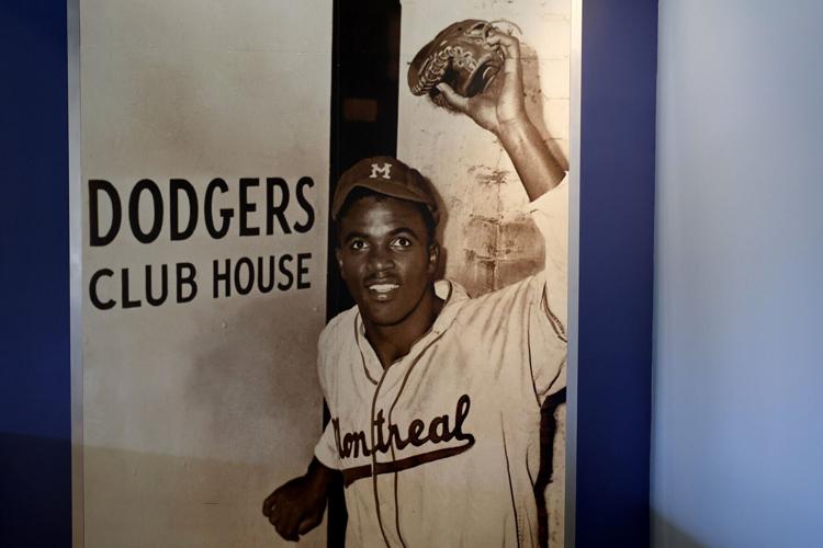 An image of Jackie Robinson is seen at Dodger Stadium before the game between the Los Angeles Dodgers and the New York Mets on Wednesday, April 15, 2026, in Los Angeles.