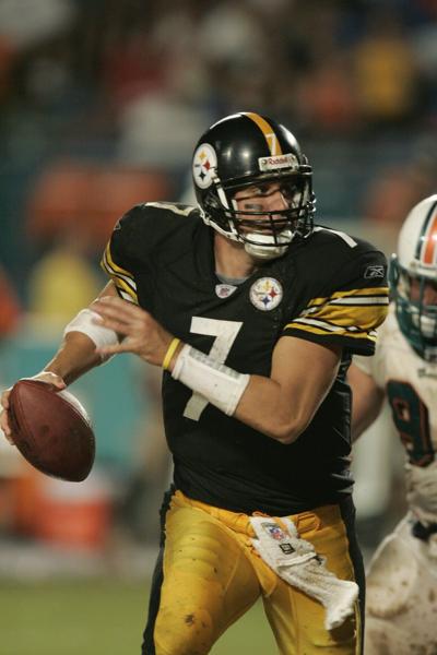 Quarterback Ben Roethlisberger of the Pittsburgh Steelers attempts to pass the ball against the Miami Dolphins during the game at Pro Player Stadium on Sept. 26, 2004, in Miami.