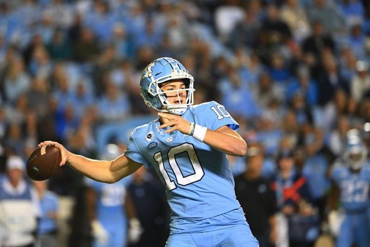 Oct 29, 2022; Chapel Hill, North Carolina, USA; North Carolina Tar Heels quarterback Drake Maye (10) looks to pass in the first quarter at Kenan Memorial Stadium. Mandatory Credit: Bob Donnan-USA TODAY Sports