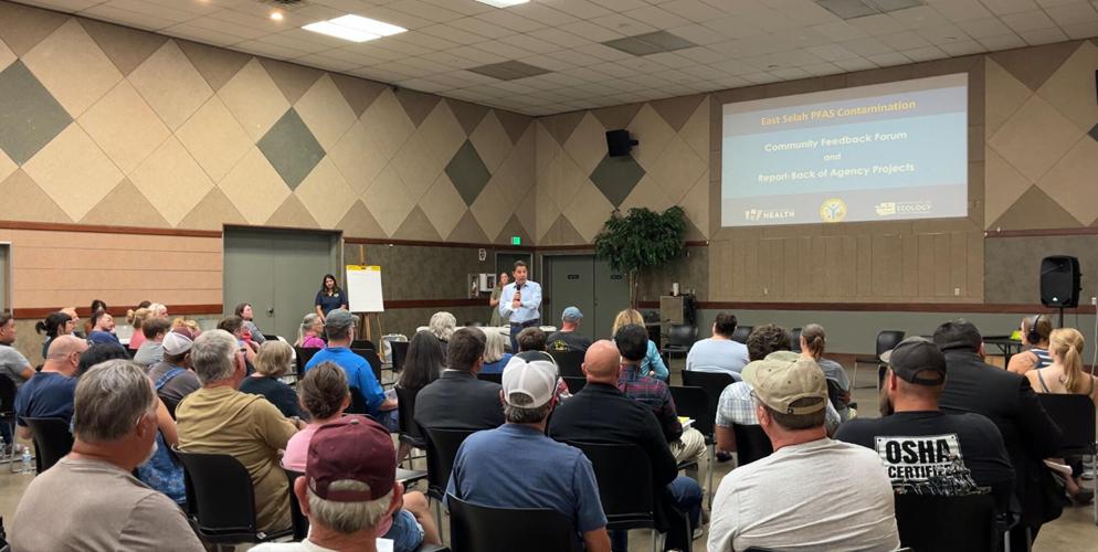 Director Casey Sixkiller of the Washington Department of Ecology met with neighbors frustrated by lack of progress on cleaning up PFAS contamination around the Army's Yakima Training Center on Aug. 25, 2025 in East Selah, Washington.