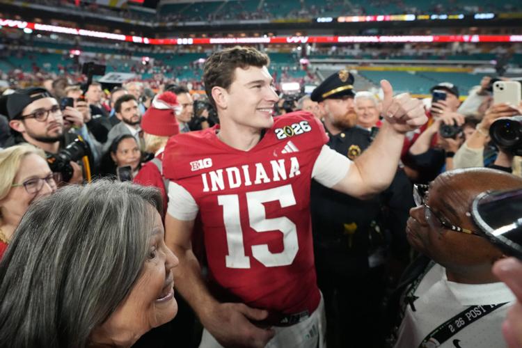 Indiana Hoosiers quarterback Fernando Mendoza celebrates after the CFP National Championship against the Miami Hurricanes on Jan. 19 at Hard Rock Stadium in Miami Gardens, Florida.
