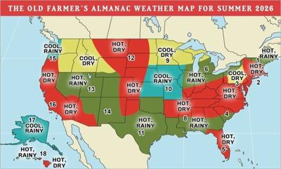 The Old Farmer's Almanac weather map for summer 2026.