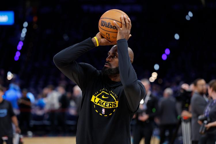 May 7, 2026; Oklahoma City, Oklahoma, USA; Los Angeles Lakers forward LeBron James warms up before the start of game two of the second round of the 2026 NBA Playoffs against the Oklahoma City Thunder at Paycom Center. Mandatory Credit: Alonzo Adams-Imagn I