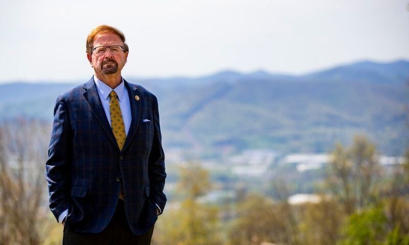 U.S. Rep. Chuck Edwards stands at Deaverview Mountain in Asheville, N.C., on April 13, 2026, during an event marking Buncombe County’s purchase of the 342-acre property for a future public park.