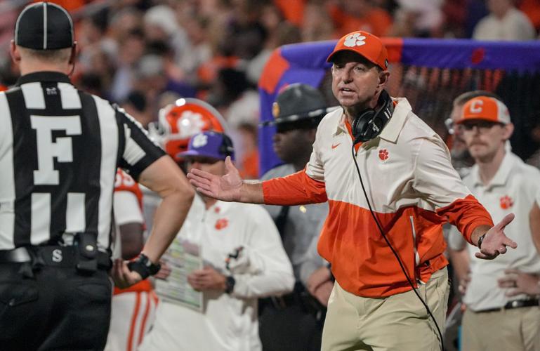 Clemson head coach Dabo Swinney disputes a call in the game with Miami during the third quarter at Memorial Stadium Saturday, October 3, 2026.