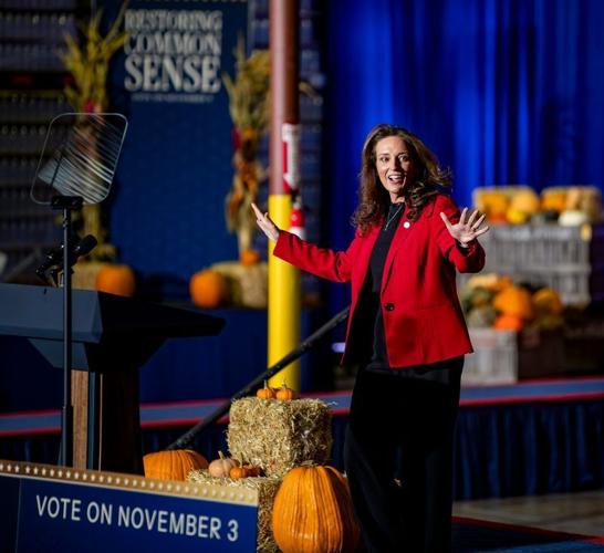 N.C. Rep. Jennifer Balkcom, R-Henderson, takes the stage during an event featuring Vice President JD Vance at Hyder Warehouse in Hendersonville on Oct. 19, 2026.