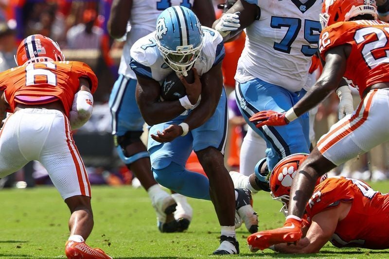 Sep 19, 2026; Clemson, South Carolina, USA;  University of North Carolina Tar Heels running back Benjamin Hall (7) runs the ball down the field during the third quarter against the Clemson Tigers at Memorial Stadium. Mandatory Credit: Ashley Tumlin-Imag...