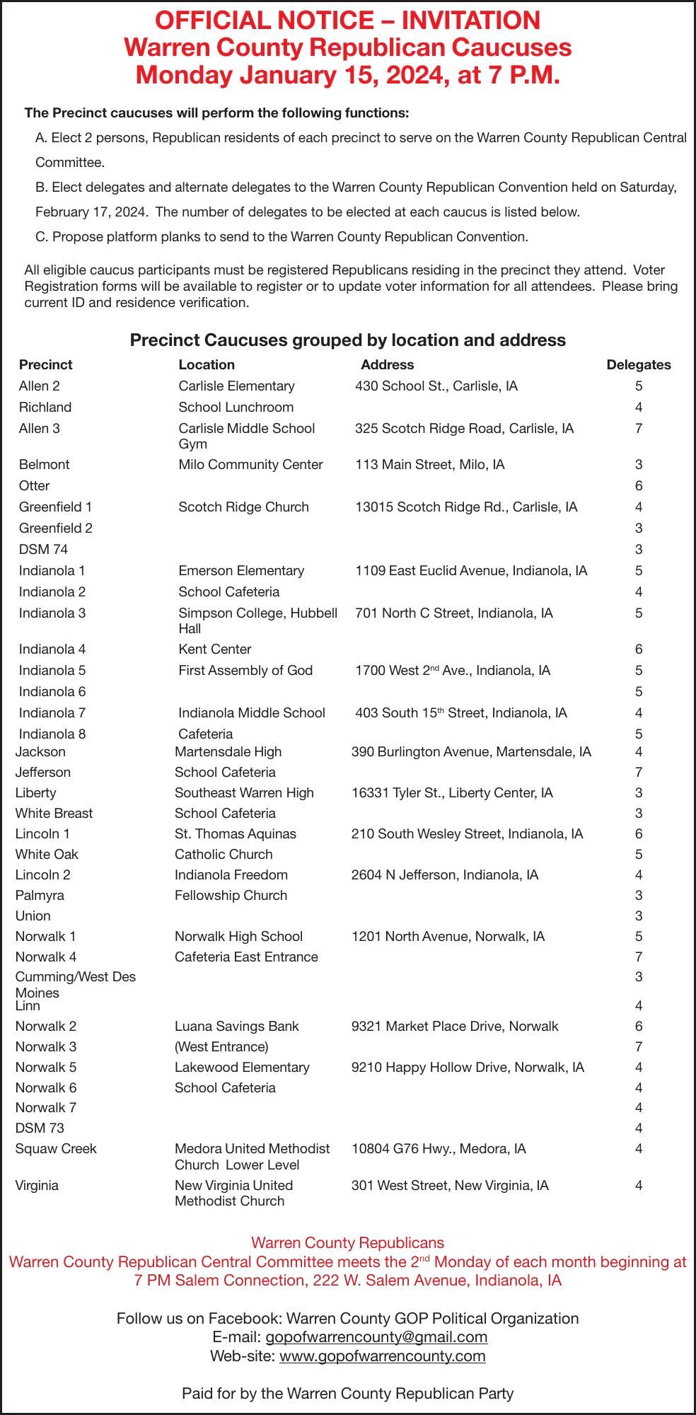 Warren County Republican Caucus Locations Other Indianola