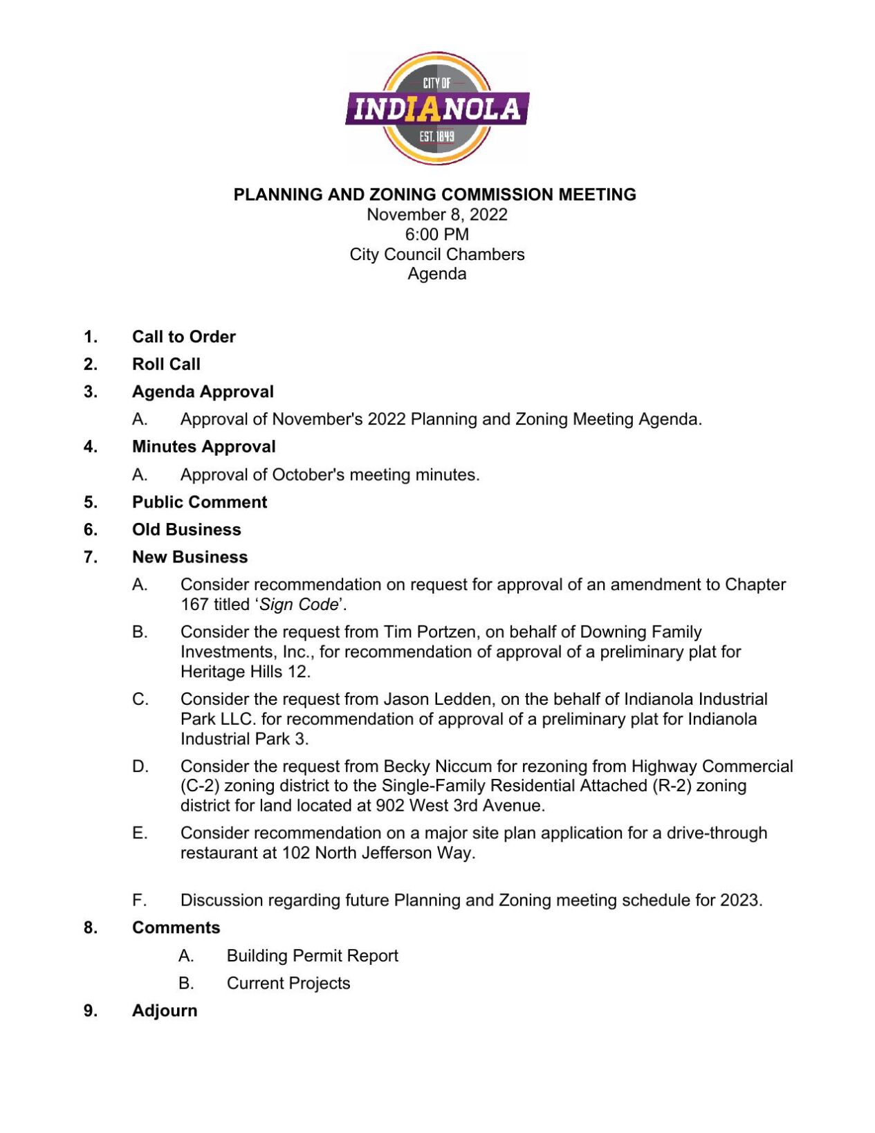 Planning and Zoning agenda