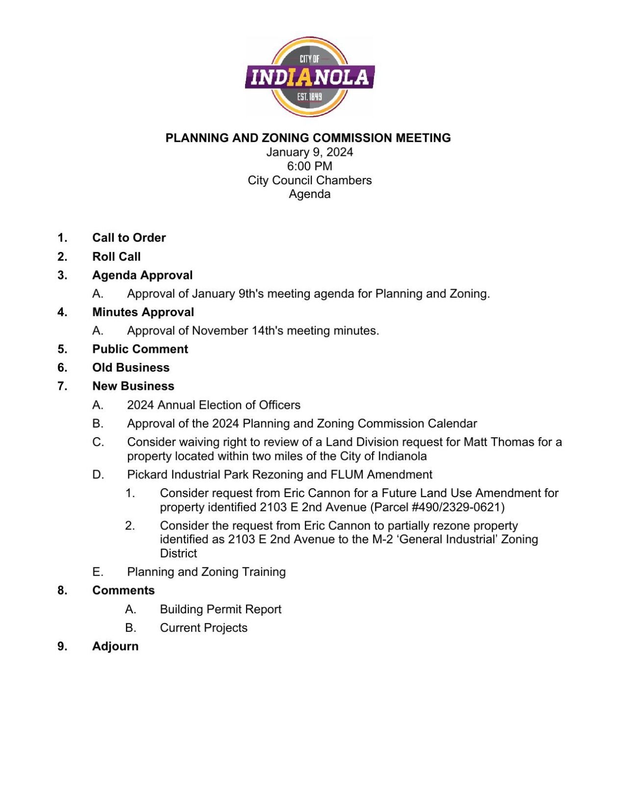 Indianola Planning and Zoning agenda