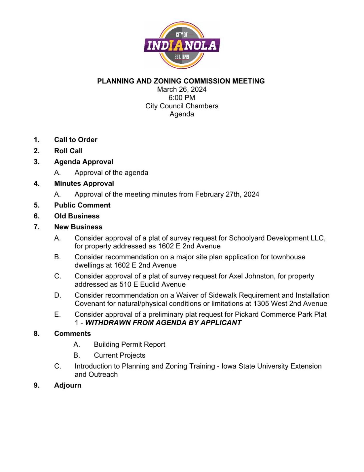 Planning and Zoning agenda