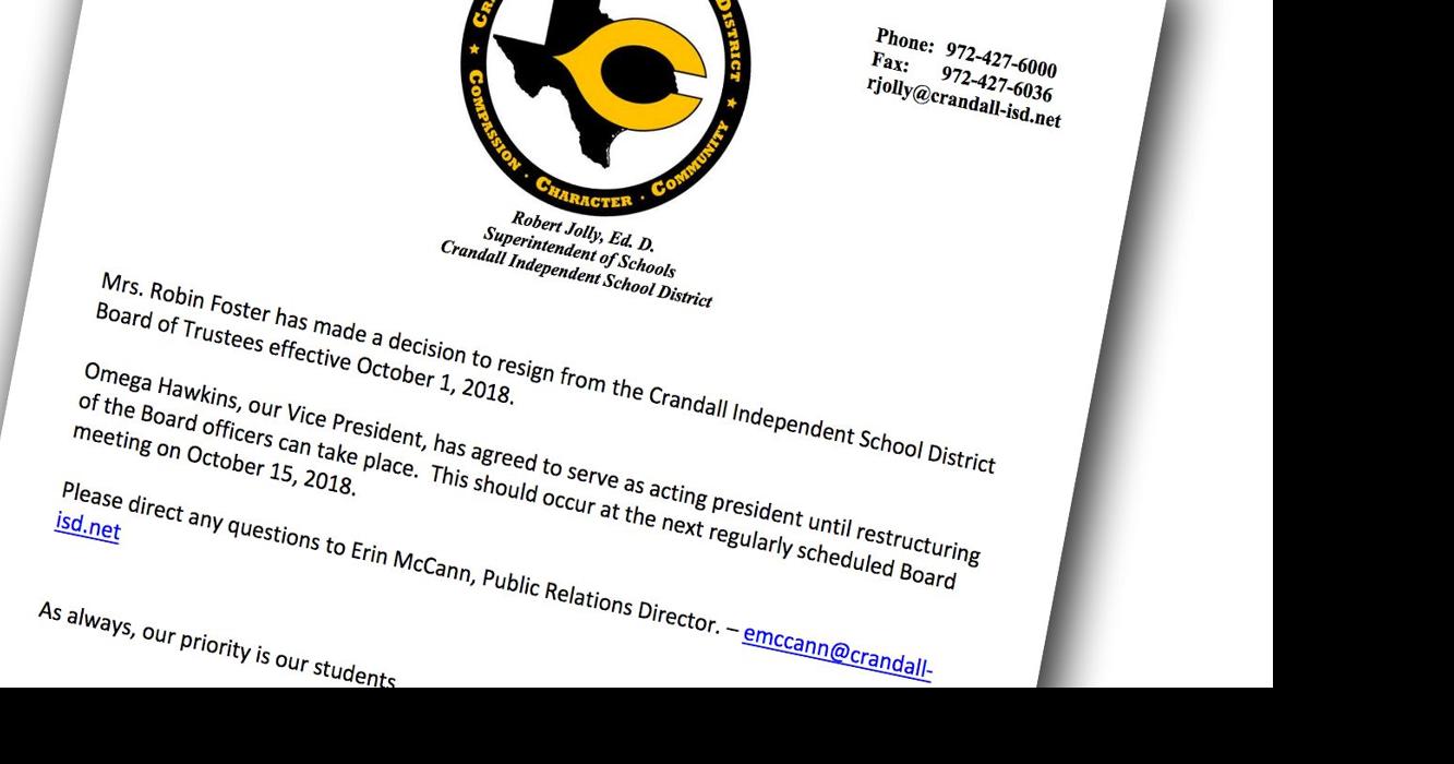 Crandall ISD Board President resigns, effective today, amid husband's criminal allegations