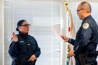 Bishop Police Officer Rashell Dawn Gosvener and Bishop Police Chief Richard Standridge