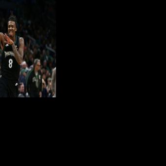 Minnesota's Bones Hyland celebrates a three-pointer in the Timberwolves win over the Boston Celtics