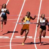American Melissa Jefferson-Wooden of the United States beats out Julien Alfred of Saint Lucia to win the women's 100m at the Eugene Diamond League Athletics meeting