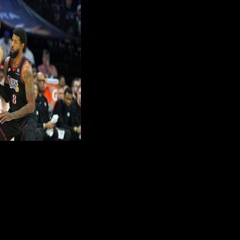 Jayson Tatum of the Boston Celtics drives against Paul George in the Celtics' victory over the Philadelphia 76ers in game three of their NBA playoff series