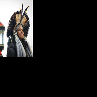 Marilda Lyrio de Oliveira, an Indigenous leader from the area affected by the 2015 Mariana mine dam disaster in Brazil, is pictured outside Britain's High Court in London