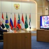 Russian President Vladimir Putin attends an extraordinary virtual summit of the BRICS group of nations