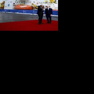 German Chancellor Friedrich Merz welcomes Norway's Prime Minister Jonas Gahr Store at the port of Hamburg, northern Germany