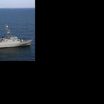 The Iranian navy frigate IRIS Dena (75) is pictured at sea during combined exercises between Iran, Russia and China in the Gulf of Oman in March 2024, in this handout picture from the Iranian Defence Ministry