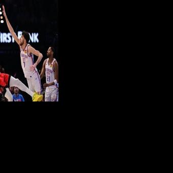 Houston's Kevin Durant attempts a shot over Chet Holmgren in the Rockets' NBA victory over the Oklahoma City Thunder