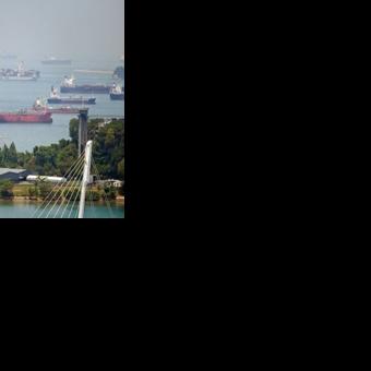 A container ship sails past oil tankers anchored in Singapore
