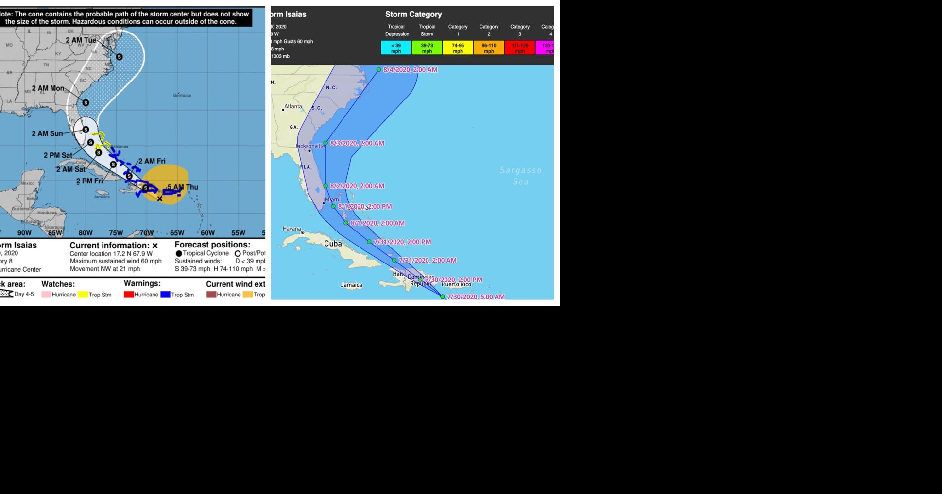 Isaias at last! Tropical Storm forms. Track shifts slightly, South ...