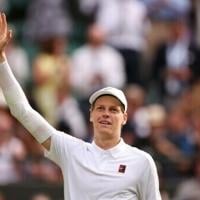 Italy's Jannik Sinner celebrates after reaching the Wimbledon semi-finals for the second time in his career